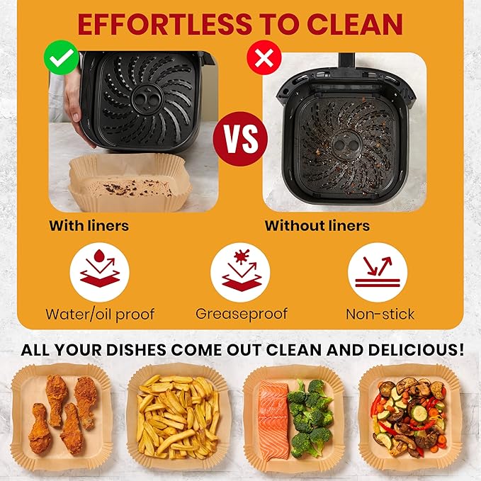 Air Fryer Paper Liners, 125Pcs Air Fryer Disposable Liners, Non-Stick and Oil Proof for Easy Cleanup, 8” Square for 5-8 qt Basket by Baker's Signature