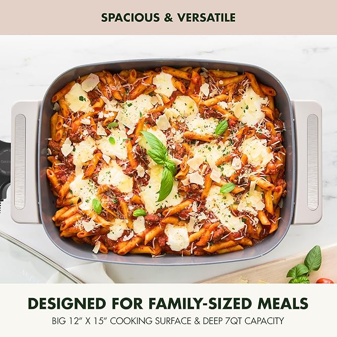 GreenPan Advanced 12” X 15” Electric Skillet with Lid, 7QT Capacity for Family Meals, Healthy Ceramic Nonstick PFAS-Free Coating, Fry, Sauté, Steam, Simmer, Sear, Stir Fry, Dishwasher Safe, Clay