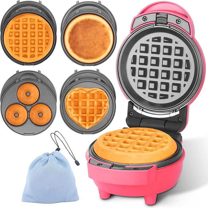 Baker's Friend 4 in 1 Waffle Maker Set: Mini Doughnut & Waffle Maker, Removable Plates, Compact, Recipe Included, Red