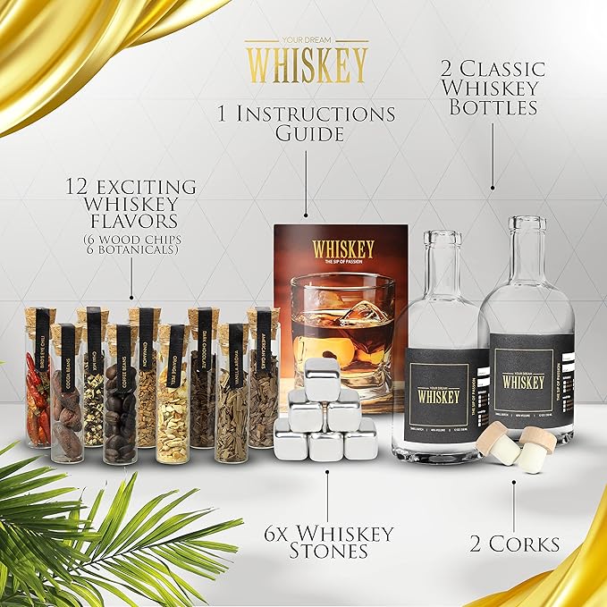 Whiskey Making Kit - DIY Whiskey Gifts For Men Unique - Alcohol Infusion Kit with Bottles, Wood Chips, Botanicals and Stone - Bourbon Birthday Gifts for Men, Dad and Fathers Day - Make Your Own Whisky