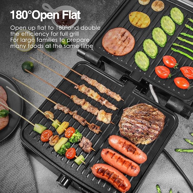 OSTBA Panini Press Grill with Adjustable Temperature,4-Slice Indoor Grill, 180° Open Sandwich Maker with Drip Tray, Non-Stick Plates, Stainless Steel, 1200W