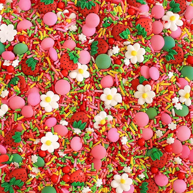 Sprinkle Pop Strawberry Daisy Sprinkle Mix| Red Lime Green Yellow Pink Sprinkle Mix with ~6 Strawberry & Daisies Royal Icing| Festive Sprinkles Made in USA for Decorating Cake Cupcakes Cookies, 2oz