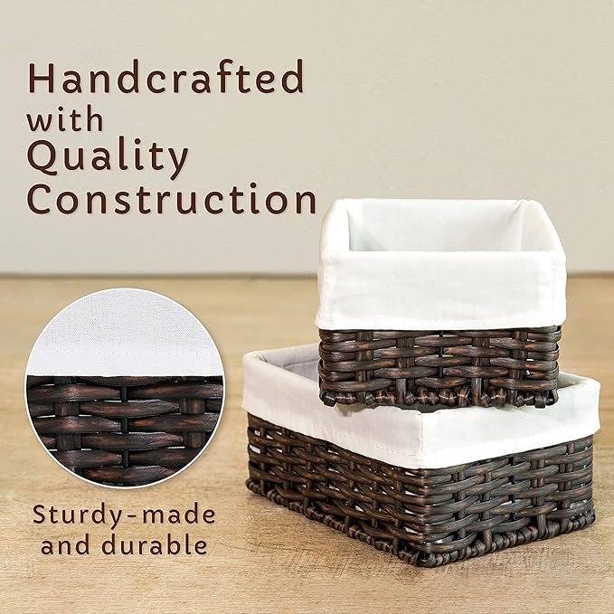 Baskets for Organizing, Undershelf Wicker Storage, Hand Woven Organizer for Closet Organization, Rectangular Resin with Lid, Set of 3, Walnut Brown