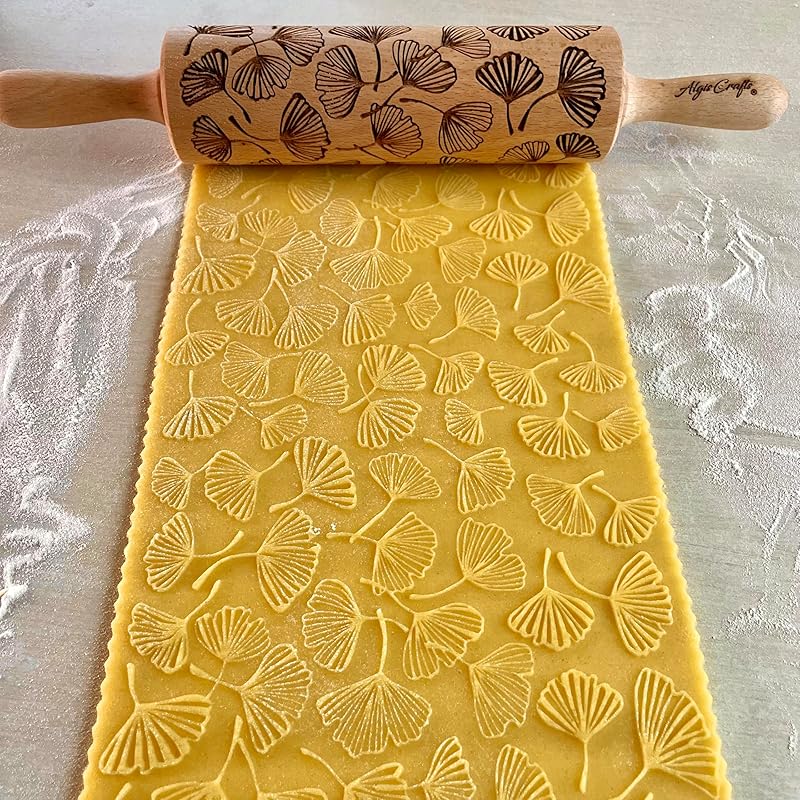 Embossing Rolling Pin GINKGO with Ginkgo Biloba Leaves Pattern – Dough and Clay Roller for Embossed Cookies and Pottery - Cookie and Ceramic Stamp - Baking Gifts for Women by Algis Crafts
