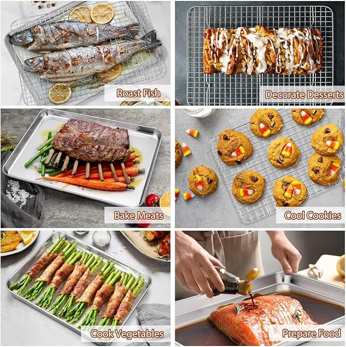 P&P CHEF 17.5 + 16 + 10.4 Inch Baking Sheet and Rack Set, Stainless Steel Cookie Sheets Oven Baking Pans Trays with Cooling Racks for Cooking & Roasting, Oven & Dishwasher Safe, (6Pcs)