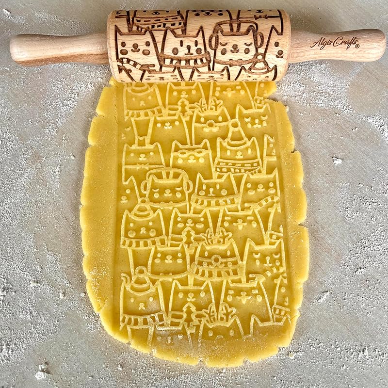 CATS 3 Mini Embossed Rolling Pin Set – Wooden Laser-Engraved Textured Rolling Pins for Cookies, Modeling Clay, Ceramics – Various Cat Patterns by Algis Crafts