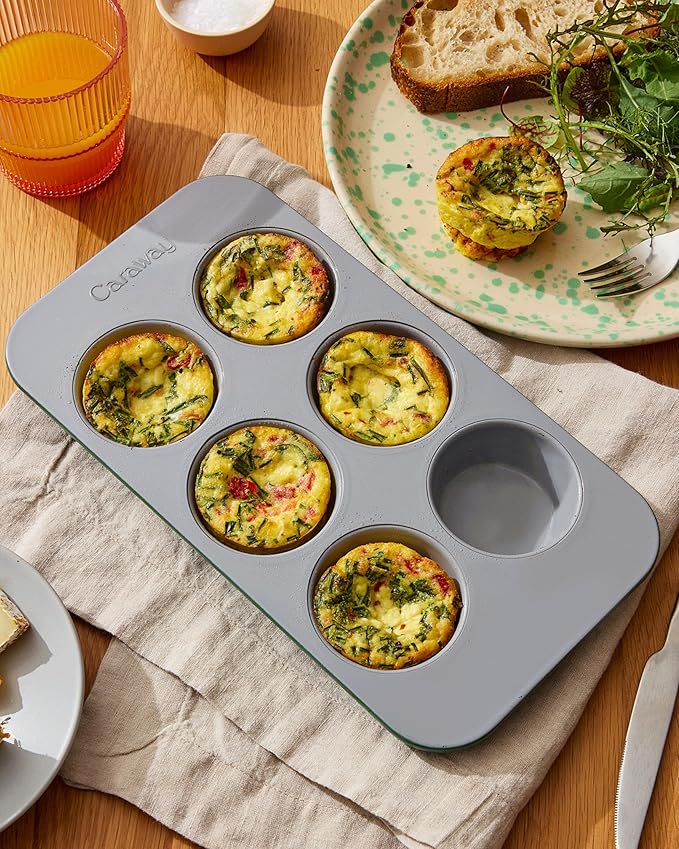 Caraway Nonstick Ceramic 6 Cup Muffin Pan – Non-Toxic, PTFE & PFOA Free – Oven Safe – Aluminized Steel Core – Small Muffin Pan for Baking Cupcakes, Muffins & More - Perracotta