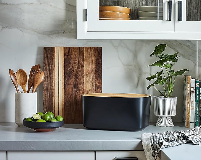 Sonder Los Angeles, Modern Bamboo Fiber and Recycled Plastic Bread Box (Black) for Kitchen Countertop with Reversible Bread Board Wood Lid 14.25 x 9.25 x 7 in