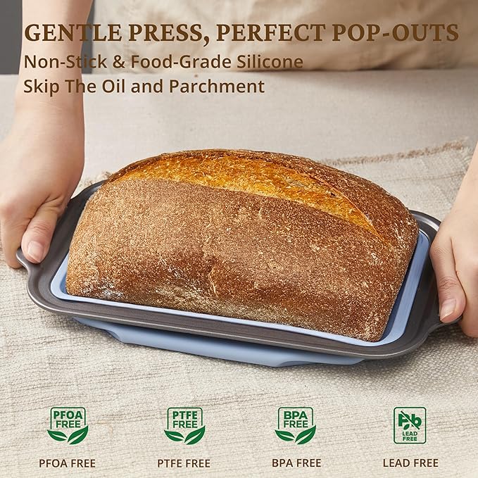 BRONYPRO 9x5 Inch Non-Stick Bread Loaf Pan,Non-Toxic Silicone Baking Mold For Homemade Bread,Heavy-Duty Steel Frame,Dishwasher Safe-Blue