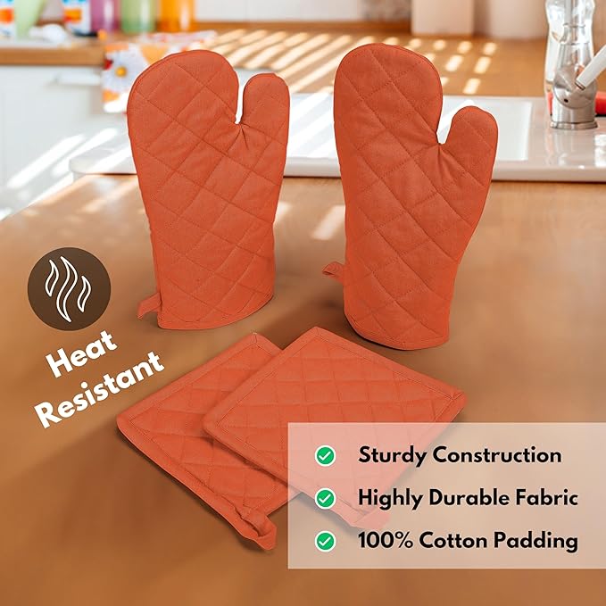Native Fab 4 Piece Set - 2 Oven Mitts & 2 Potholders, Heat Resistant, 100% Cotton, Quilted Design, Non-Slip Grip, Machine Washable, Ideal for Baking, Cooking, BBQ, Kitchen Protection - Orange