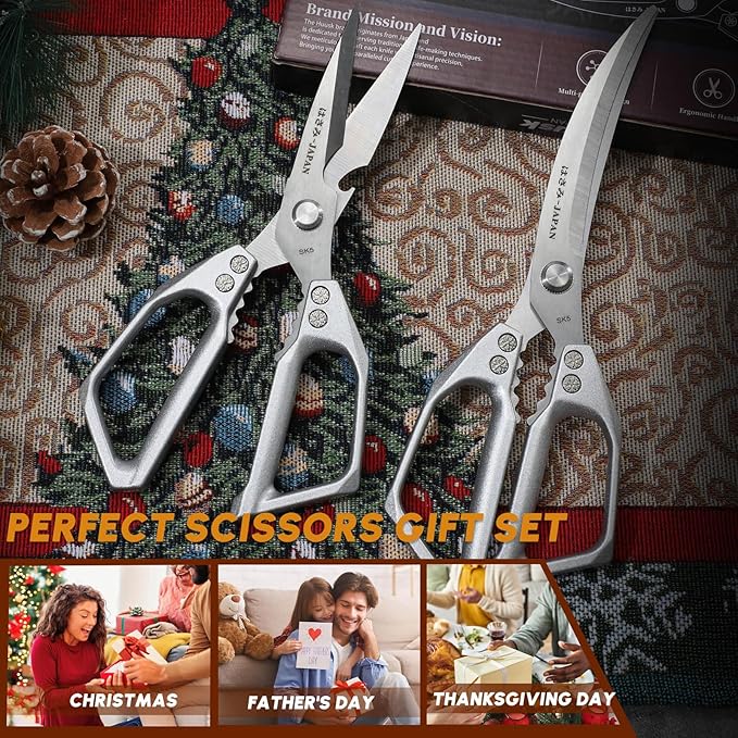 HUUSK Kitchen Scissors Set Silver - Stainless Steel Kitchen Shear, Sharp Meat Scissors Dishwasher Safe, Heavy Duty Poultry Shears, Japanese Cooking Scissor for Food, Chicken Bones, and Turkey