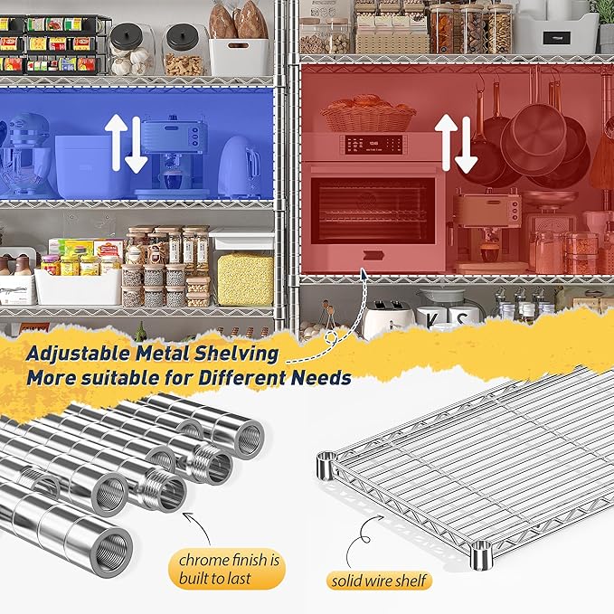 REIBII 70" W Wire Shelving Load 1500LBS, Metal Shelving 5-Tier Storage Shelves Metal Shelves for Storage Adjustable Shelving Rack for Pantry Kitchen Commercial School 70" W*15.8" D*72.4" H,Chrome