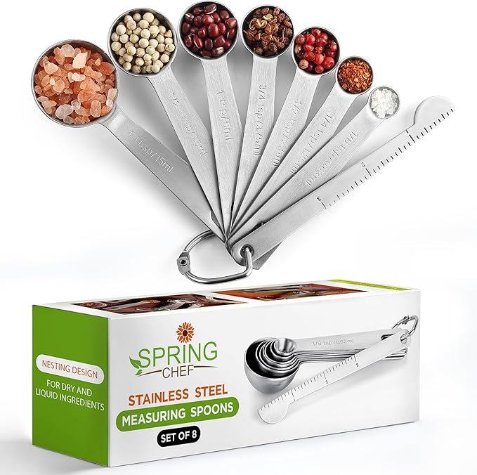 Spring Chef Stainless Steel Measuring Spoons Set of 8 with Leveler, Round Metal Teaspoon & Tablespoon Measuring Spoons - Nesting Kitchen Gadgets For Baking & Cooking, Dry & Liquid Ingredients
