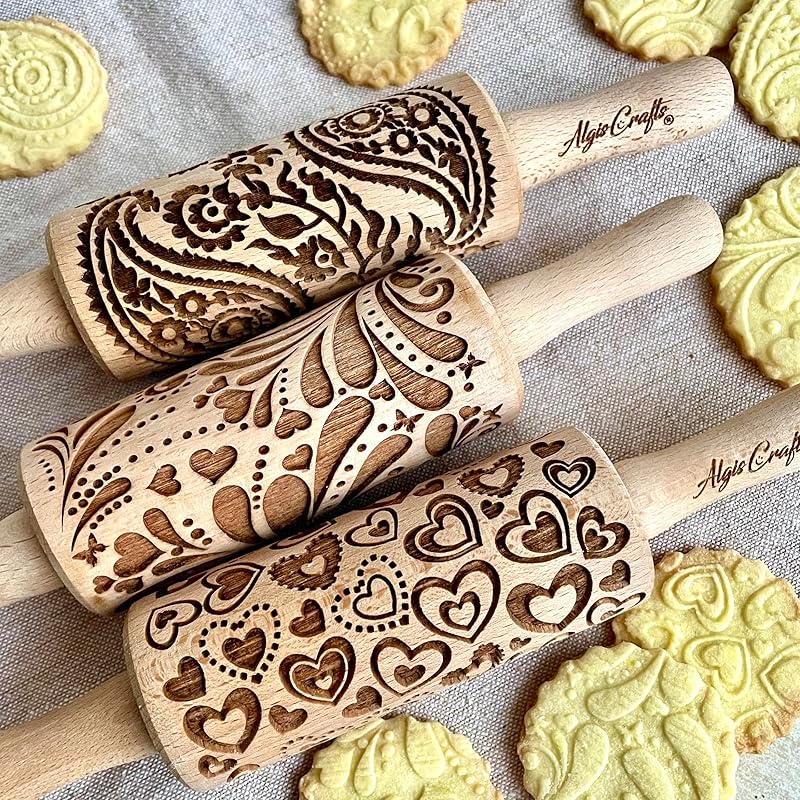 LOVELY DAY 3 KID Rolling Pin SET with HEART, PAISLEY and SPRING patterns. Wooden Laser Cut Mini embossing Rolling Pins for cookies, play dough, salt dough or clay by Algis Crafts