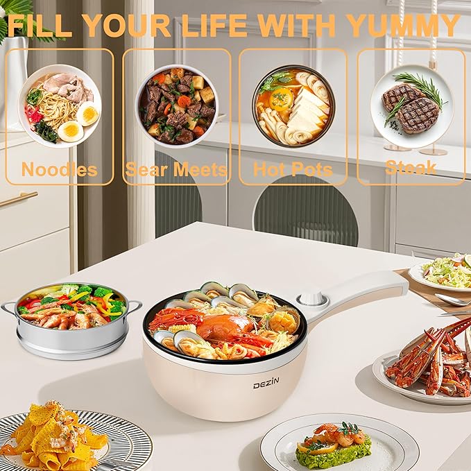 Dezin Hot Pot Electric with Steamer Upgraded, Non-Stick Sauté Pan, Rapid Noodles Electric Pot, 1.5L Mini Pot for Steak, Egg, Fried Rice, Ramen, Oatmeal, Soup with Power Adjustment