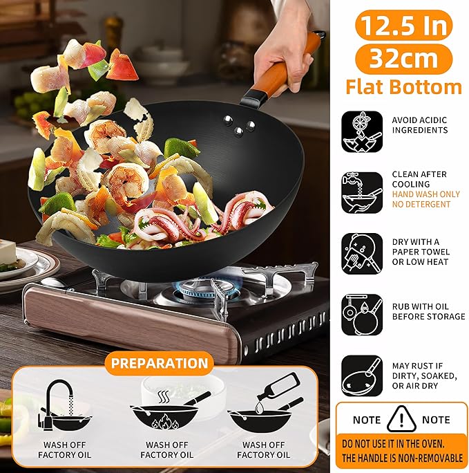 12.5-Inch Carbon Steel Wok with Lid – Pre-Seasoned Flat Bottom Stir-Fry Pan, Nonstick Wok for Induction, Gas, Electric & All Stovetops – Chinese Wok with Glass Lid