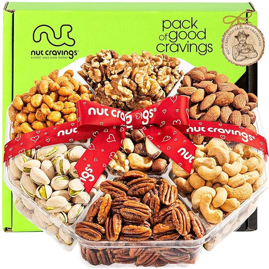 NUT CRAVINGS - Mixed Nuts Gift Basket + Heart Ribbon (7 Assortments) Food Arrangement, Healthy Snack Care Package, Food Assortments