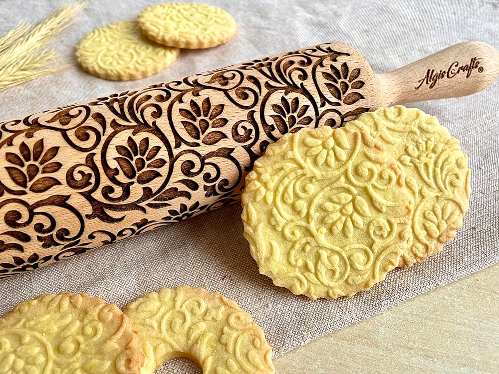 FLOWERING VINE Embossing Rolling Pin. Laser Engraved Dough Roller with Climbing Flowers Pattern for Embossed Cookies or Pottery by Algis Crafts