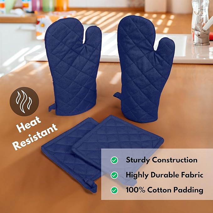 Native Fab 4 Piece Set - 2 Oven Mitts & 2 Potholders, Heat Resistant, 100% Cotton, Quilted Design, Non-Slip Grip, Machine Washable, Ideal for Baking, Cooking, BBQ, Kitchen Protection - Ink Blue
