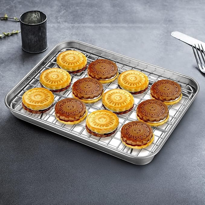 Baking Sheet with Rack Set, Yododo Set of 4 (2 Sheets + 2 Racks), Stainless Steel Cookie Sheet Baking Pan Tray with Cooling Rack, Non Toxic & Heavy Duty & Easy Clean - Size of 10 inch