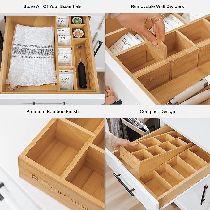 Premium Tea Bags and Coffee Pods Drawer Organizer – Small 9-Compartment Design with Removable Wall Inserts, Non-Slip Feet, 100% Sustainable Bamboo