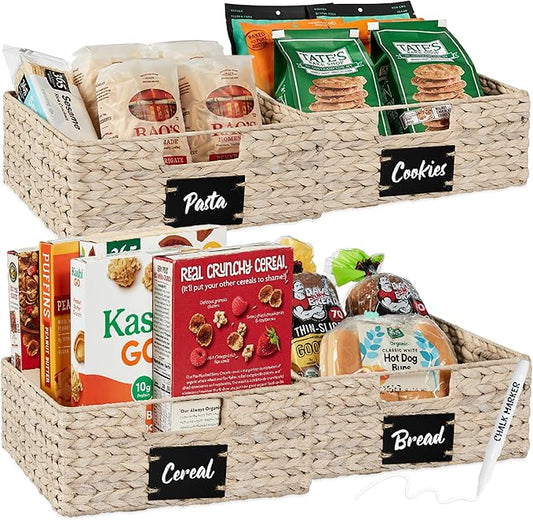 Best Choice Products Set of 4 13x12in Water Hyacinth Pantry Baskets, Woven Organizers w/Chalkboard Label, Chalk Marker - White