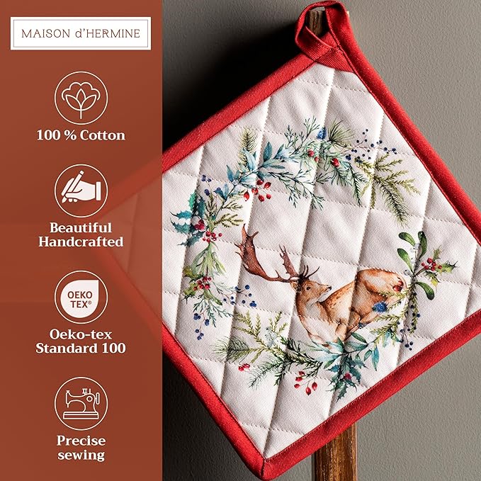 Maison d' Hermine Pot Holders Set 100% Cotton Heat Resistant Potholders 8" x 8" Hot Pads with Loop BBQ, Cooking, Baking, Grilling, Kitchen, Handling Hot Pans (Pack of 2, Holly Time)