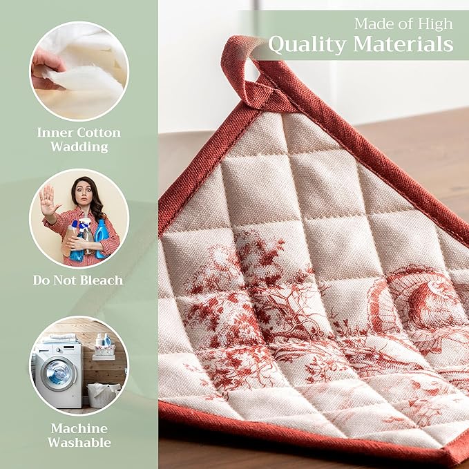 Maison d' Hermine Pot Holders Set 100% Cotton Heat Resistant Potholders 8" x 8" Hot Pads with Loop BBQ, Cooking, Baking, Grilling, Kitchen, Handling Hot Pans (Pack of 2, Holy Jouy - Red)