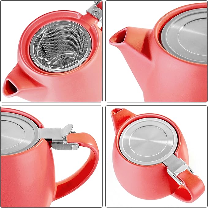 Tealyra - Pluto Porcelain Small Teapot Red - 18.2-ounce (1-2 cups) - Matte Finish - Stainless Steel Lid and Extra-Fine Infuser To Brew Loose Leaf Tea - 540ml