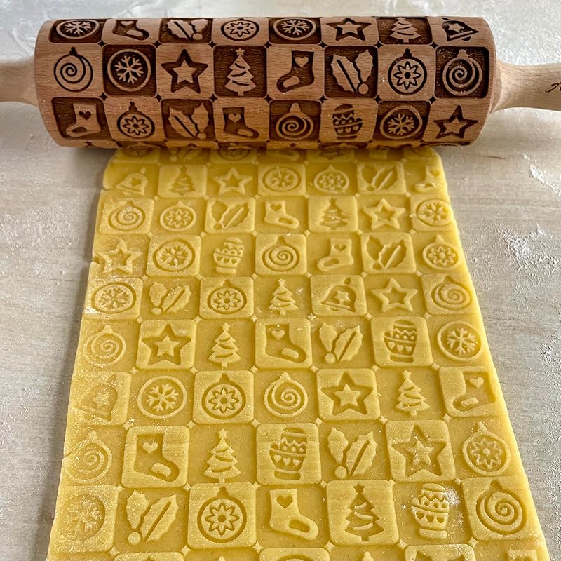 CHRISTMAS TILES Embossing Rolling Pin. Laser Engraved Dough Roller for Embossing Homemade Christmas Cookies by Algis Crafts