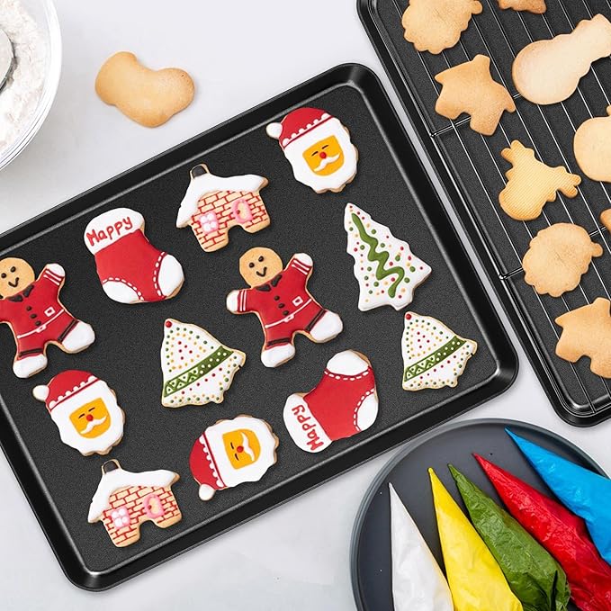 TeamFar Toaster Oven Pan with Rack, 12.5 x 9.7 x 1” Coated Carbon Steel Cookie Baking Pan Tray with Cooling Rack, for Baking/Roasting/Cooling, Healthy & Heavy-Duty, Non-Stick & Easy Clean