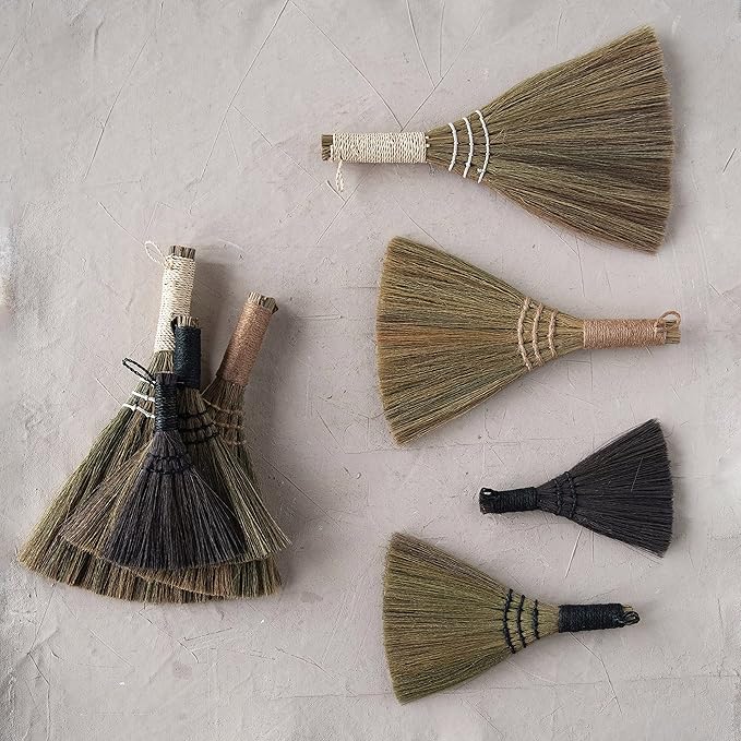 Creative Co-Op Whisk Brooms with Yarn Wrapped Handles, Multi Color Neutrals, Set of 4