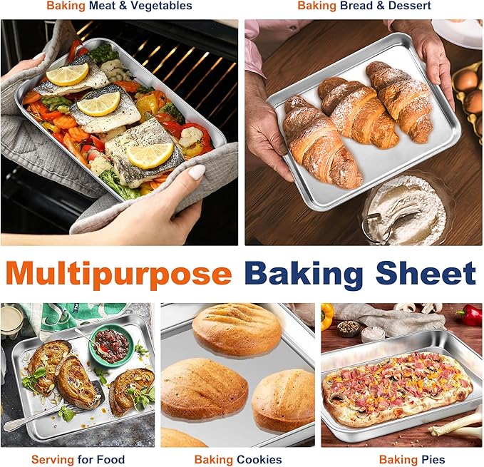 P&P CHEF 10.5 Inch Baking Cookie Sheet, Oven Pan Tray Stainless Steel Sheet Pan for Kitchen, Oven Bakeware for Multi Uses, Shiny Look & Dishwasher Safe, Healthy & Heavy Duty, 2Pcs