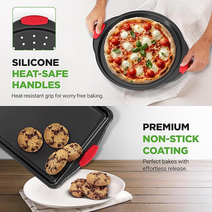 NutriChef Non-Stick Kitchen Oven Baking Pans-Deluxe & Stylish Nonstick Gray Coating Inside Outside, Commercial Grade Restaurant Quality Metal Bakeware with Red Silicone Handles NCSBS8S, 8 Piece Set
