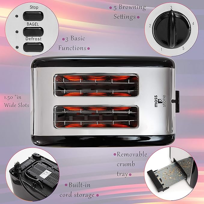 Moss & Stone 2 Slice Toaster, 1.5in Extra-Wide Slot For Bagel & Defrost with 5 Shade Settings, Bread Toaster 2 Slice With Removable Crumb Tray, Black