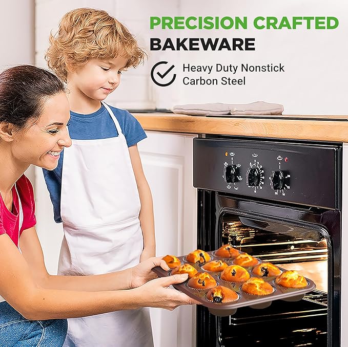 NutriChef Muffin Pans for Baking 4-Pack | Nonstick 12 Mold Cupcake Tins | Carbon Steel Stackable Cup Cake Trays | Dishwasher & Oven Safe | Includes 200 Parchment Paper Liners | 13 x 10 x 1 | Gold