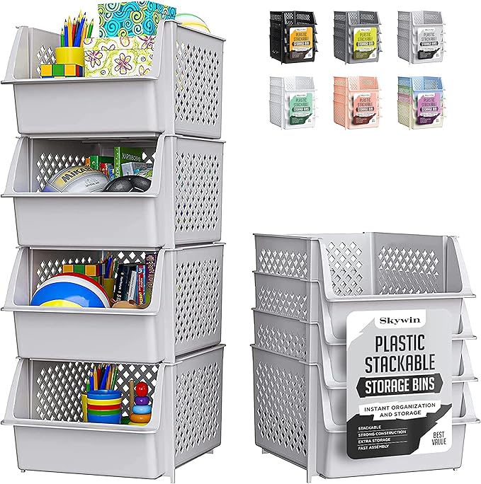 TidyFriend Stackable Storage Bins for Pantry, 4 Pack Stackable Bins For Organizing Food, Kitchen, and Bathroom Essentials (Light Grey)