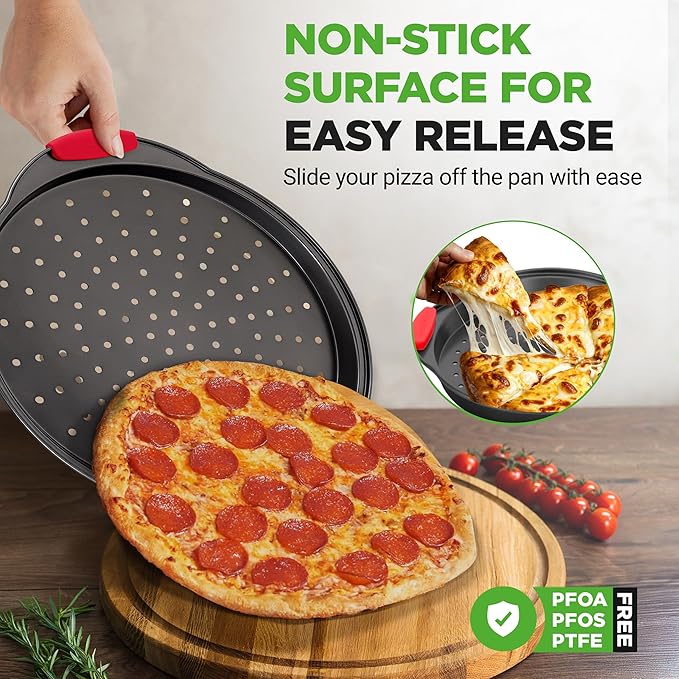 NutriChef 13-Inch Nonstick Pizza Tray - Round Carbon Steel Non-Stick Pizza Baking Pan with Perforated Holes, Premium Bakeware Pizza Screen with Silicone Grip Handles, Dishwasher Safe - NCBPIZ1