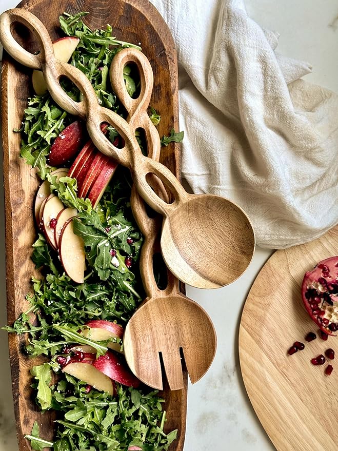 13" Wood Salad Tongs For Serving, Acacia Wood Kitchen Utensils Set, Salad Mixing Dinner Fork and Spoon Long Handle Salad Server Set Kitchen, Housewarming Gift Ideas, Set of 2 (Acacia Wood)
