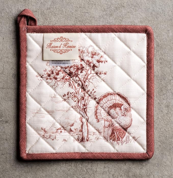 Maison d' Hermine Pot Holders 100% Cotton Heat Resistant Potholders 8" x 8" Hot Pads with Loop BBQ, Cooking, Baking, Grilling, Kitchen, Handling Hot Pans (Pack of 1, Holy Jouy - Brown)