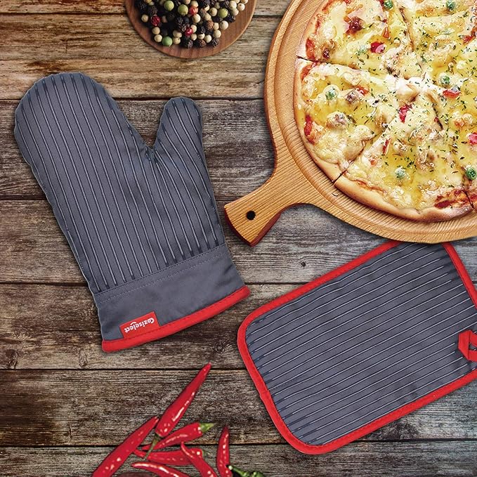 Oven Mitts and Pot Holders Set, Hot Pads for Kitchen Cooking Grill, 500℉ Heat Resistant Oven Mit, Pure Cotton and Terrycloth Lining, Heavy Duty Thick Oven Gloves Grey, 4-Piece Set