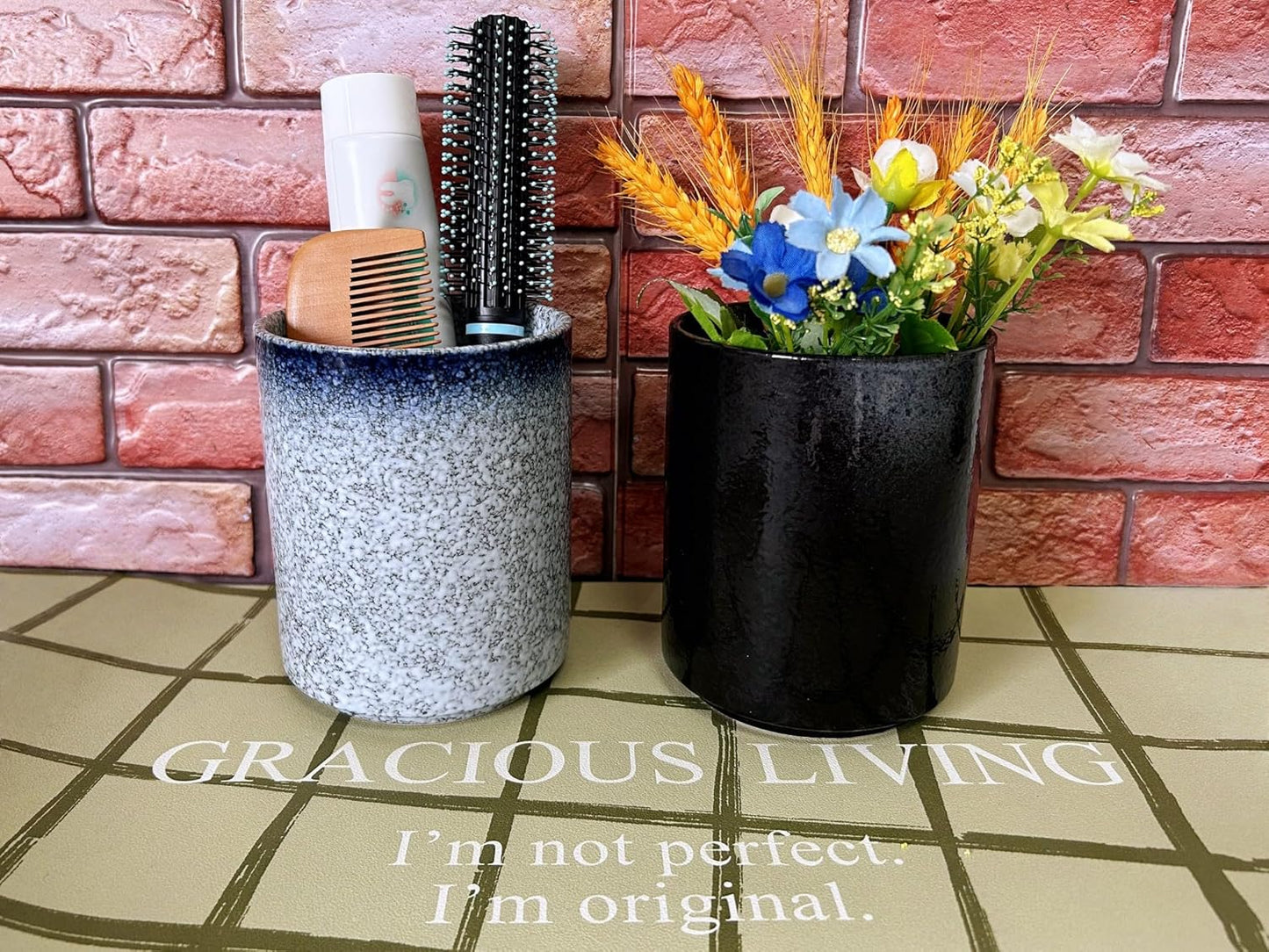 Medium Stoneware Kitchen Utensil Holder for Kitchen Counter Short Cooking Utensil Holder for Countertop Spatula Holder Small Utensil Crock Cutlery Holder Silverware Caddy Flower Vase (Stone Blue)