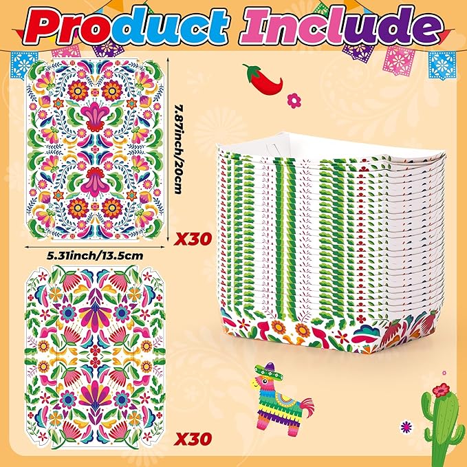 Mexican Taco Nights Food Trays - 60P Hispanic Heritage Month Flowers Unassembled Trays Nacho Snack Candy Holder Disposable Paper Plates Birthday Carnival Party Harvest Picnic Food Containers