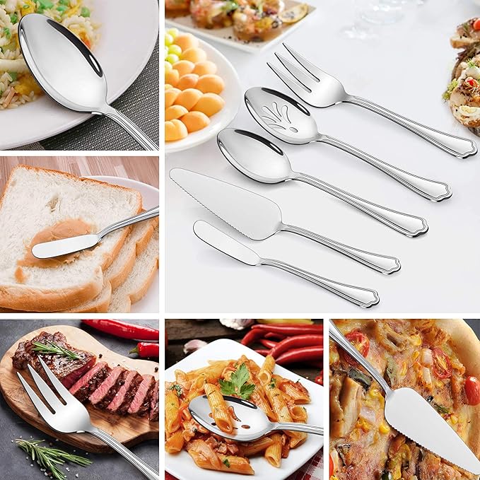 LIANYU 65-Piece Silverware Flatware Set for 10, Plus Steak Knives and Serving Utensils, Stainless Steel Flatware Cutlery Set, Eating Utensils Tableware with Scalloped Edge, Dishwasher Safe