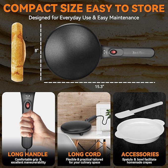 Baker's Friend Crepe Maker Machine with Auto Power Off, Portable Crepe Maker with Non Stick Dipping Plate, Automatic Temperature Control, Graphite