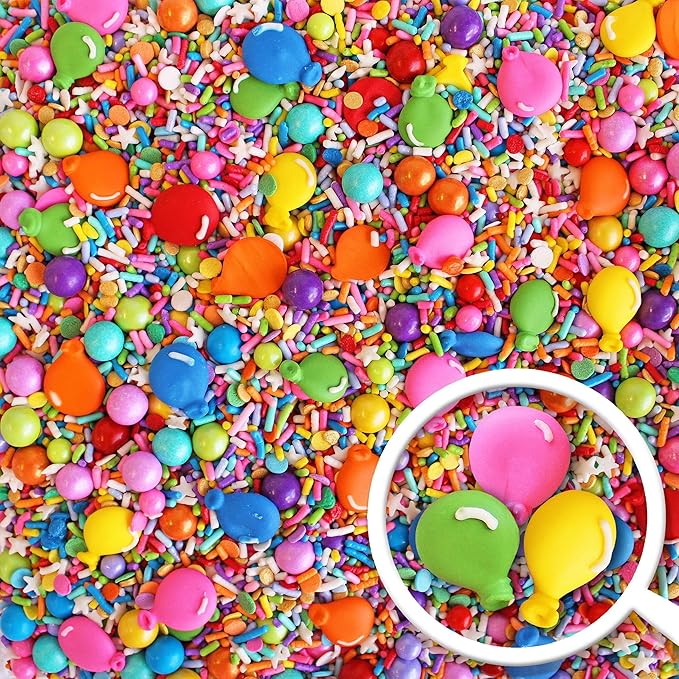 Sprinkle Pop Rainbow Birthday Sprinkle Mix| Red Orange Yellow Iridescent Rainbow Sprinkles with ~6 Royal Icing Balloons| Decorating Sprinkles Made in USA for Girl Boy Cakes Cookie Cupcake Donut, 2oz