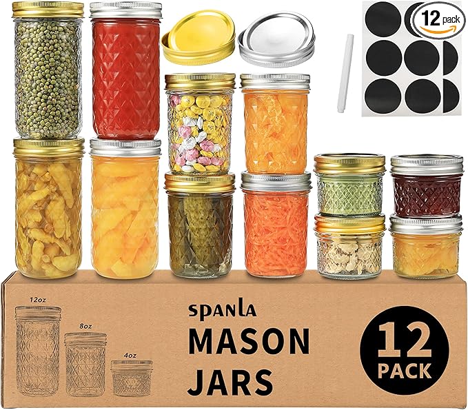 12 Pack Glass Mason Canning Jars With Regular Lids, Ideal for Jam, Jelly, Honey, Wedding Favors, Shower Favors, Baby Foods, DIY - 4 OZ x 4, 8 OZ x 4, 12 OZ x 4