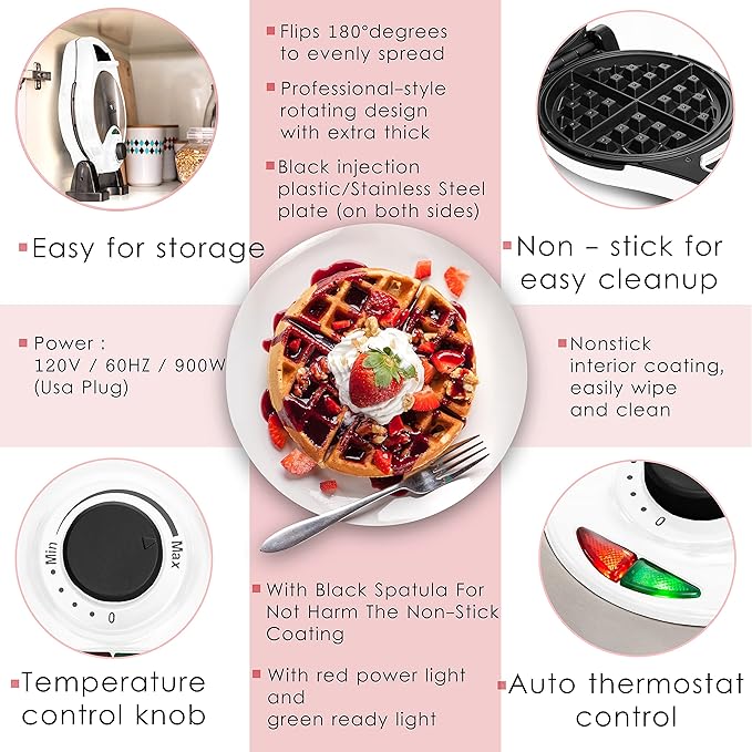 Moss & Stone White Belgian Waffle Maker, Electric Waffle Machine, Non-Stick Grids, Temperature Control, Round Waffle