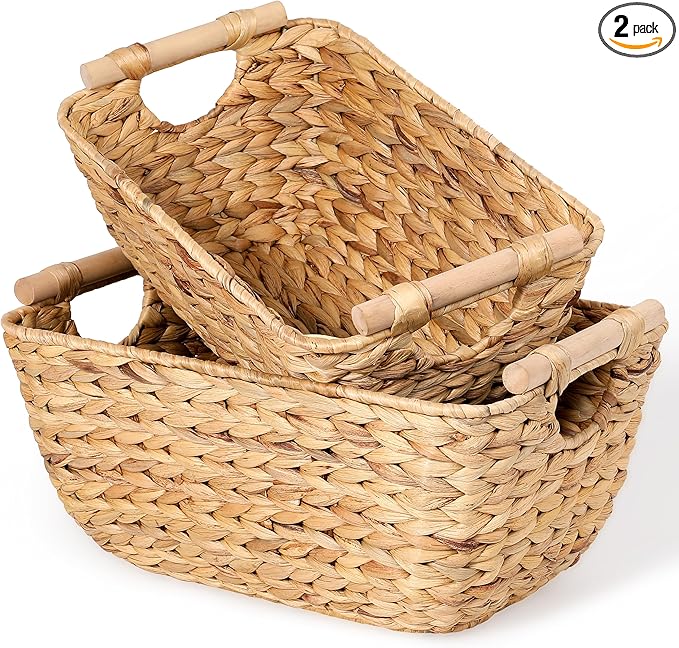 Large Wicker Storage Baskets with Wooden Handles, Woven Water Hyacinth Storage Organizers for Throw Blankets, Bedroom, Living Room, Laundry，2-Pack