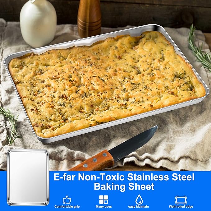 E-far Large Baking Sheets Set of 4, 20”x14” Stainless Steel Cookie Sheet Pans for Oven, Non Toxic Big Metal Baking Tray for Cake Cookies, Healthy & Rust Free, Mirror Finish & Dishwasher Safe